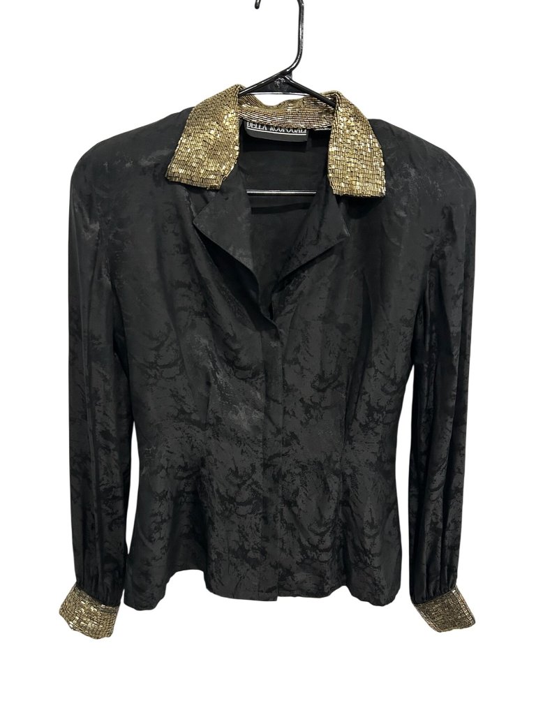 Vintage Della Roufogali Sz 8 Black Silk Gold Beaded Collar Cuffs Blouse Retro